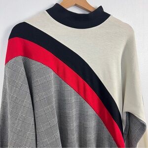 Vintage Color Block Plaid Pattern Mock Neck Dolman Sleeve Pullover